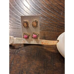 SMALL PINK STONE, GOLD COLOR PIERCED EARRINGS. SET OF 2 ( costume jewelry)